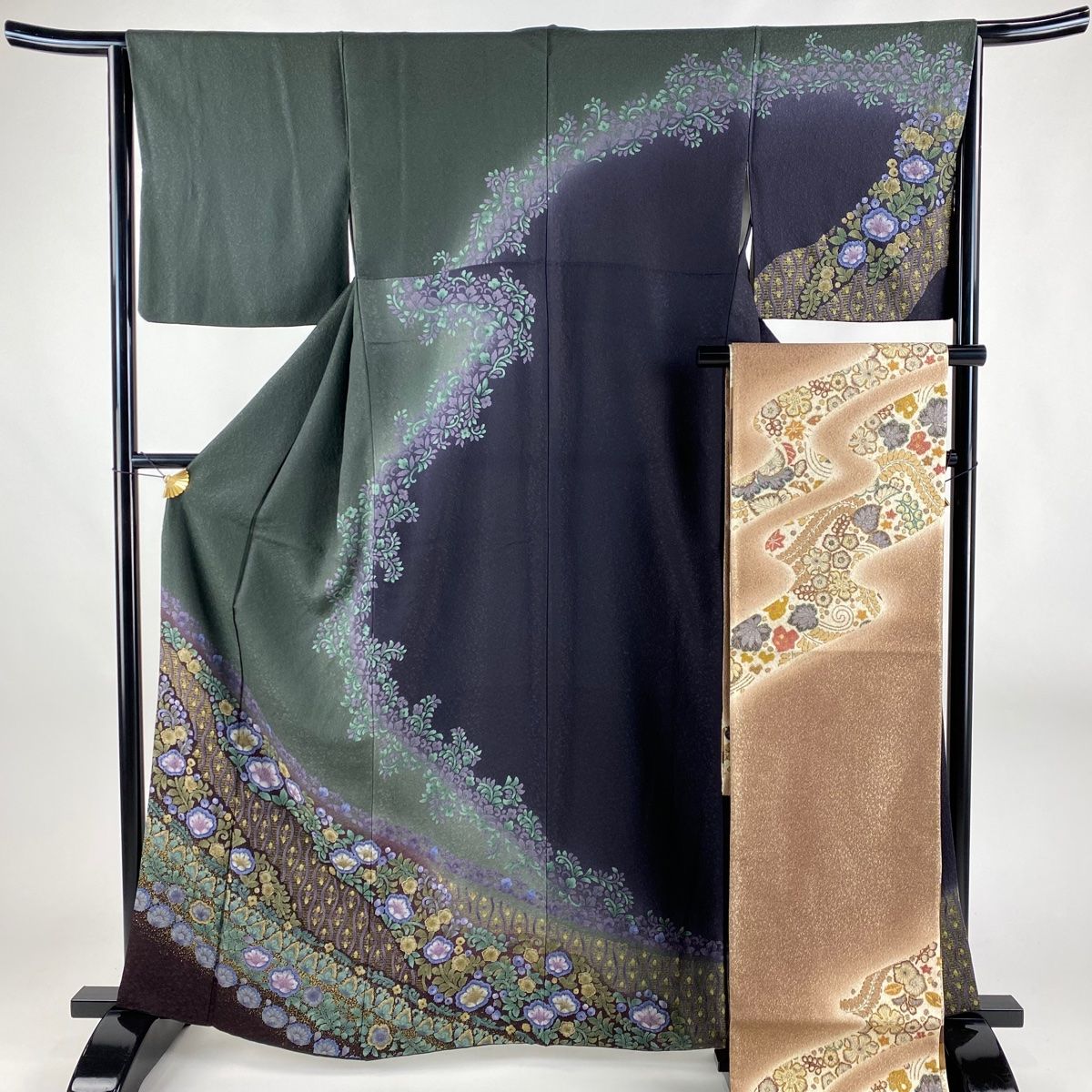 訪問着 身丈166.5cm 裄丈67cm M 袷 辻が花 金銀彩 ぼかし 緑 正絹 美品  