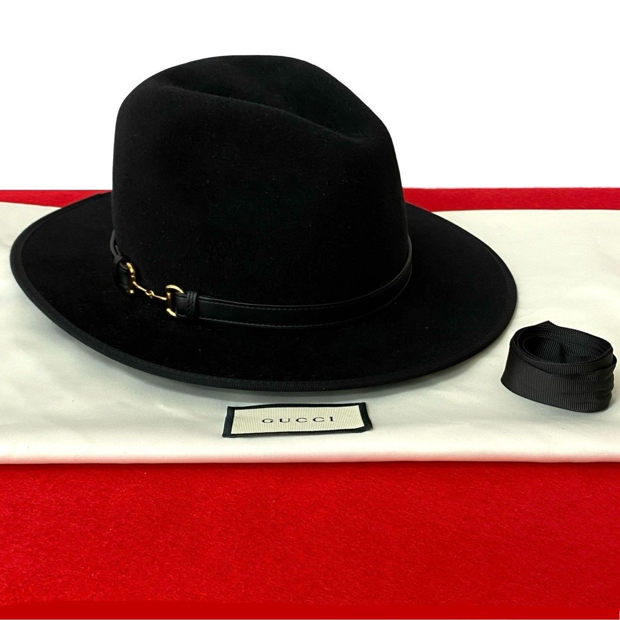 袋付き GUCCI グッチ ホースビット 金具 ウール レザー 本革 ハット 帽子 Mサイズ レディース ブラック 3439d