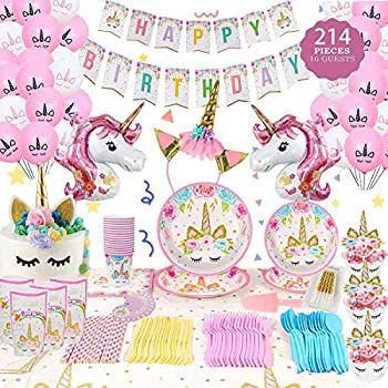 Shelling Home バースデーパーティー用品 プレートカップストローテーブルカバー 誕生日パーティー用 16人分 214個