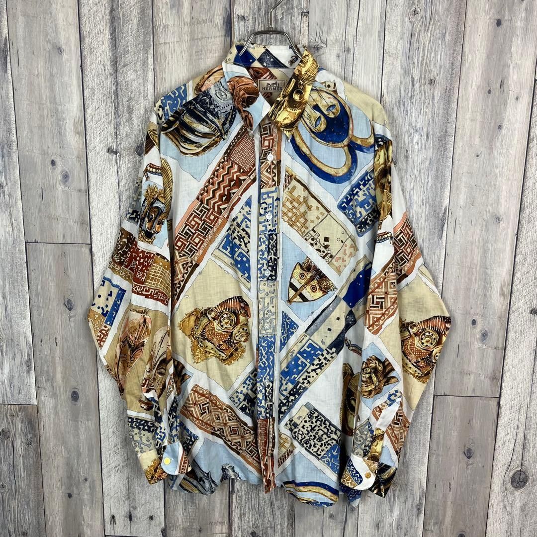 OLD HERMES 90s エルメス 長袖 総柄 ドレス リネン シャツ 42