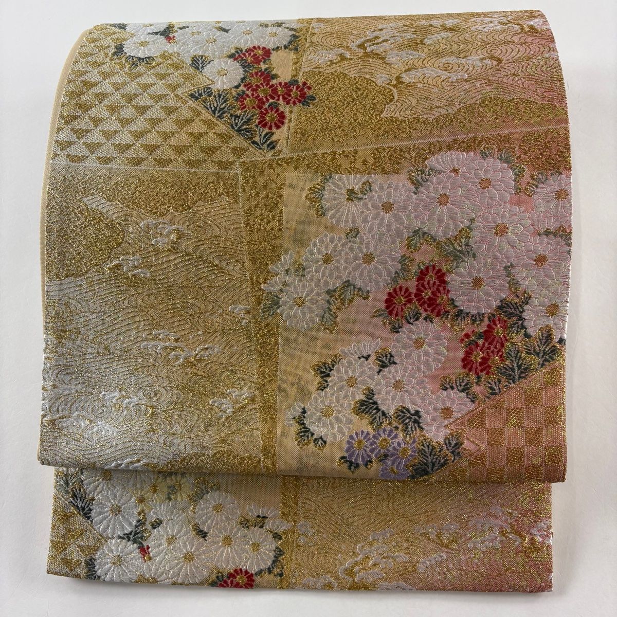 正絹 袋帯 ベージュ 金糸 御所車 扇面 花 六通