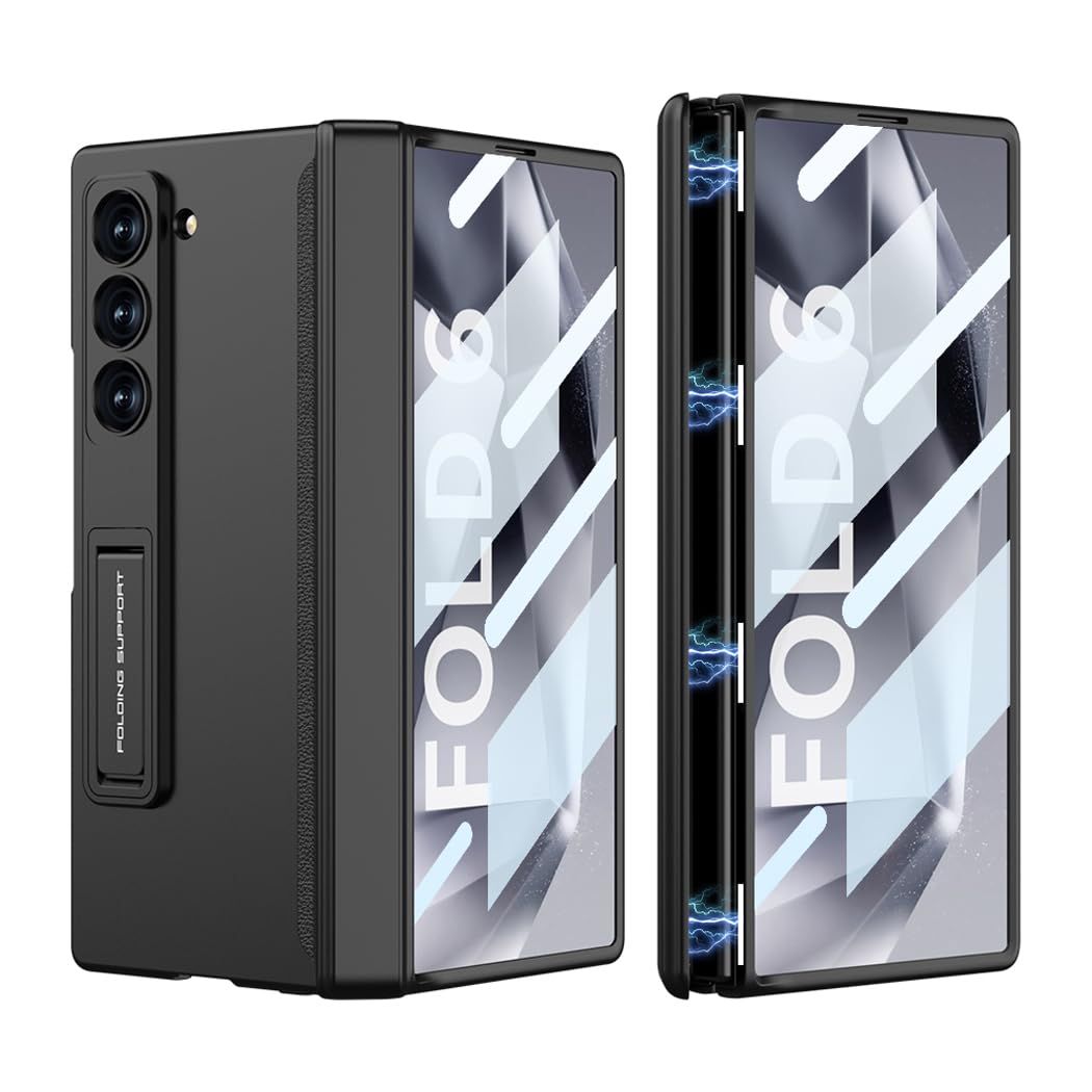 カメラレンズ保護 全面保護 スタンド付き おしゃれ 軽量 ヒンジ保護 薄型 人気 スマホケース Uovon カバー 用 ストラップ穴付き SC-55E / フォールド6 ・ ギャラクシーZ Samsung ガラスフィルム付き ケース ブラック Fold6 Z 