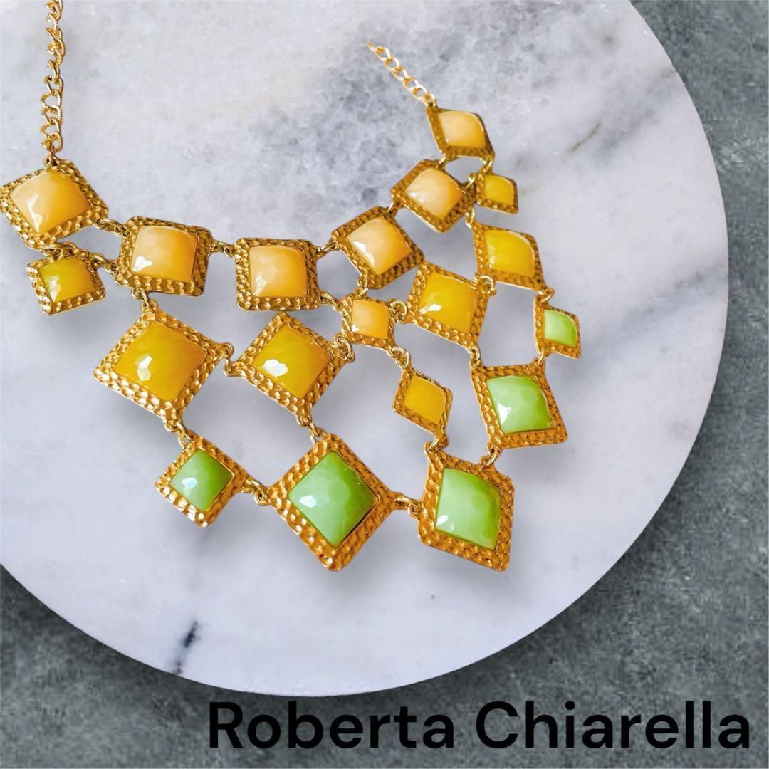 は*ち様 新品◆ロベルタチャレラ 大ぶりマルチカラーネックレス 22金メッキ黄色 新品◇Roberta Chiarella ロベルタチャレラ 大ぶりマルチカラーお洒落
