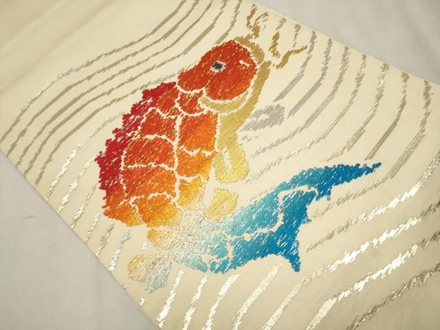 平和屋着物○龍村平蔵製 太鼓柄 本袋帯 名物荒磯瑞錦 金銀糸 正絹 逸品  