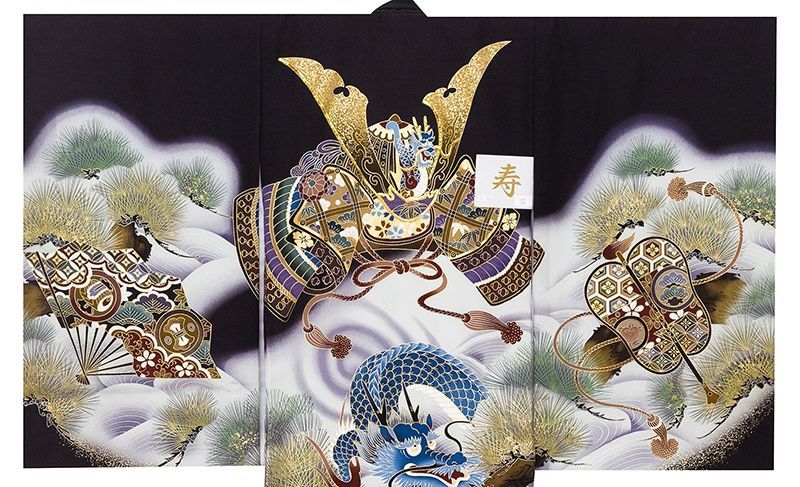 記念感謝祭京都友禅工芸本加工、金彩大将龍カブト文祝い大王松