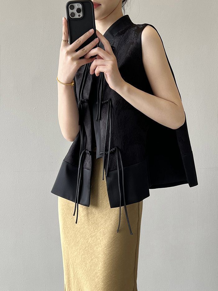  ベスト ジレ レディース 春 秋 夏 前開き トップス ボタン ノースリーブ 前開きベスト ゆったり 重ね着 レイヤード 無地 アウター 大人 お洒落 カジュアル 体型カバー ブラック 通勤 上品 紐 yanshuang 12 ニットベスト ベスト ジレ ビスチェ