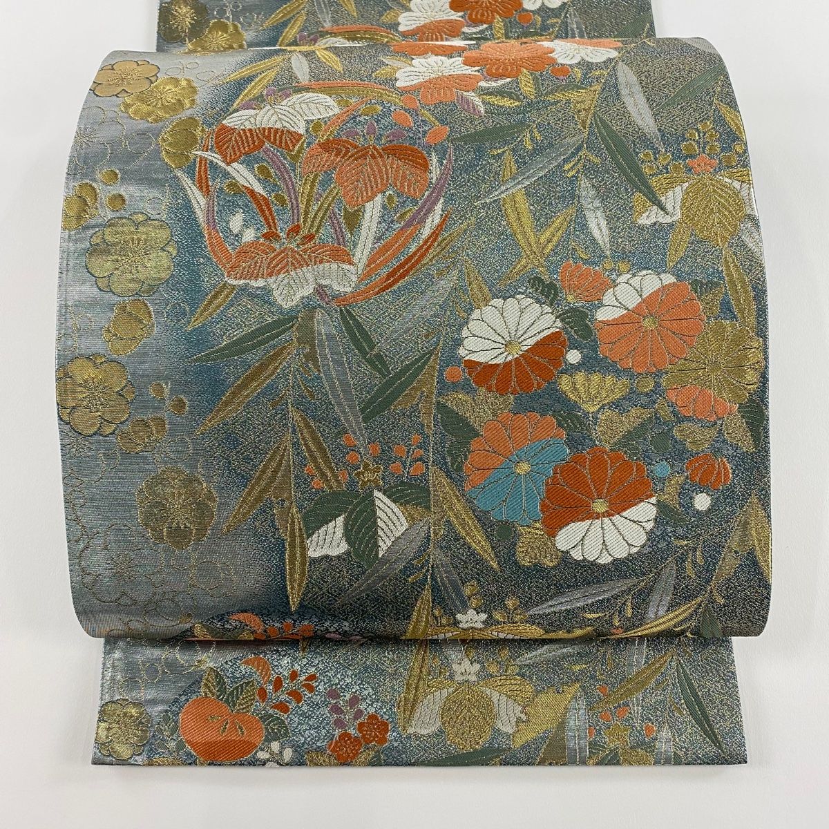 袋帯 秀品 菊 桐 箔 金糸 灰色 六通 正絹