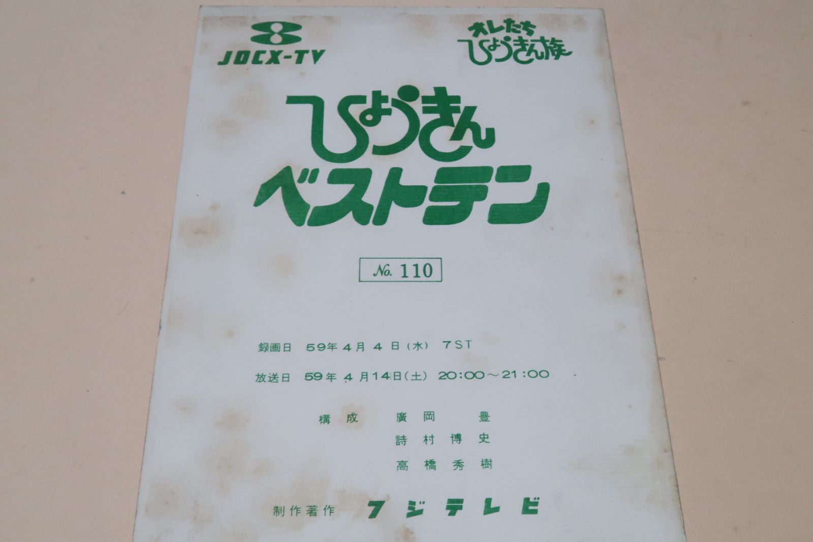 オレたちひょうきん族・ひょうきんベストテン台本 S59年 島田紳助・山村美智子司会 片岡鶴太郎・西川のりお・ヒップアップ