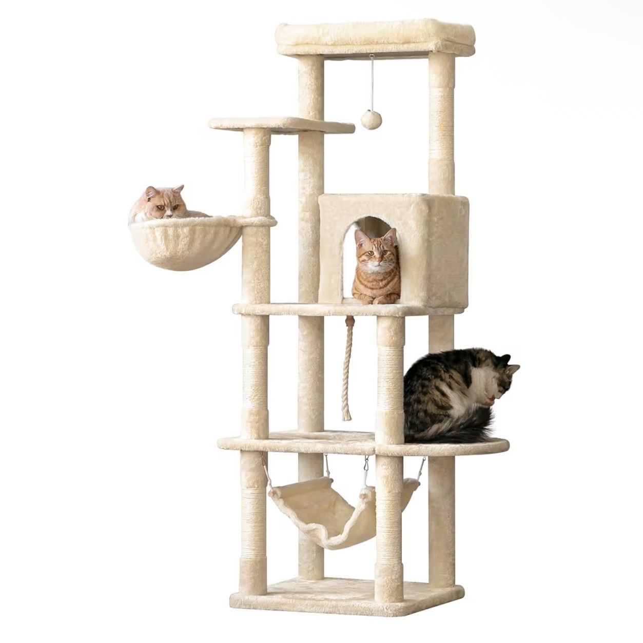 Mwpo キャットタワー 据え置き スリム 中型 大型猫 小型 ミニ ハンモック付 かわいい 爪とぎ おもちゃ ねこ 猫 ネコ 多頭飼い 麻紐 子猫 シニア 省スペース 158cm ベージュ B808