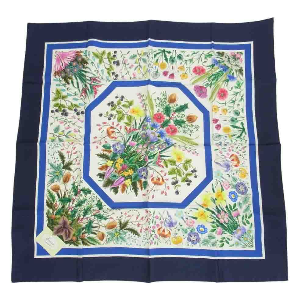 Gucci 花柄 シルクスカーフ ネイビー GUCCI グッチ フローラ スカーフ ベージュ×ネイビー シルク100