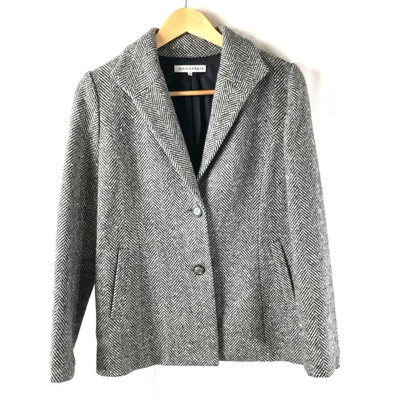ダナパリ DANA PARIS ヘリンボーンジャケット 裏地付き 袖スリット カシミヤ 黒系 38サイズ 932032