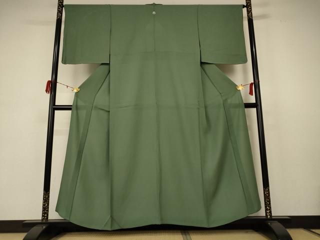 平和屋着物＊夏物 色無地 縦絽 麹塵色 反端付き 正絹 AABB8297jd