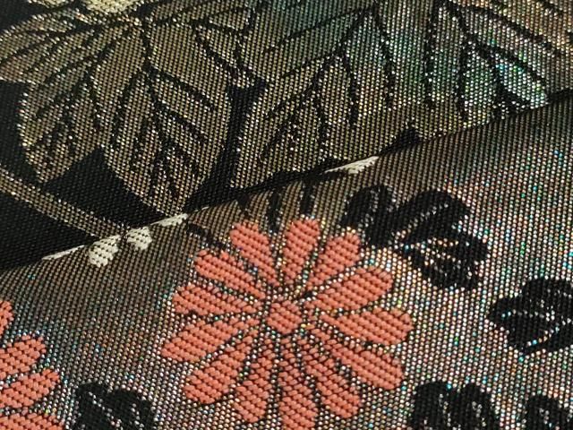 平和屋着物○六通柄 本袋帯 亀甲草花丸文 黒地 金糸 引箔 正絹 逸品