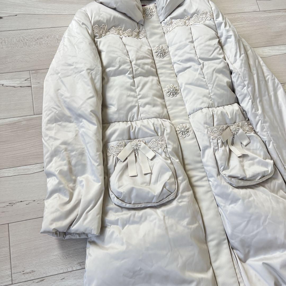 新品タグ付♡スーパビューティー リボン 花柄刺繍 フーデッドロングコート 総柄 美品】近年タグ スーパービューティー ダウンコート 花リボン