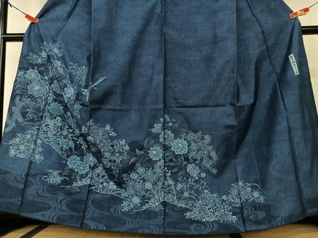 平和屋着物●石川県指定無形文化財 牛首紬 白山工房 手織り 訪問着 本藍 手描き 流水孔雀花文 小田急百貨店扱い 正絹 逸品 AAAW9213zg 平和屋着物○石川県指定無形文化財 牛首紬 白山工房 手織り 訪問着 本