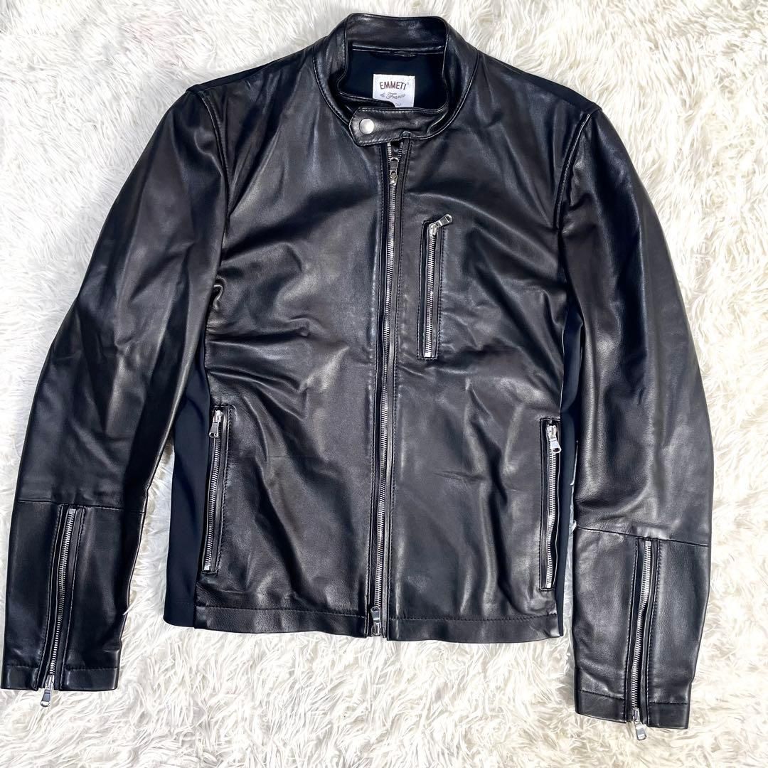 エンメティ EMMETI レザージャケット ブラック メンズ 44サイズ シングル 黒 ライダース Sサイズ ジャケット