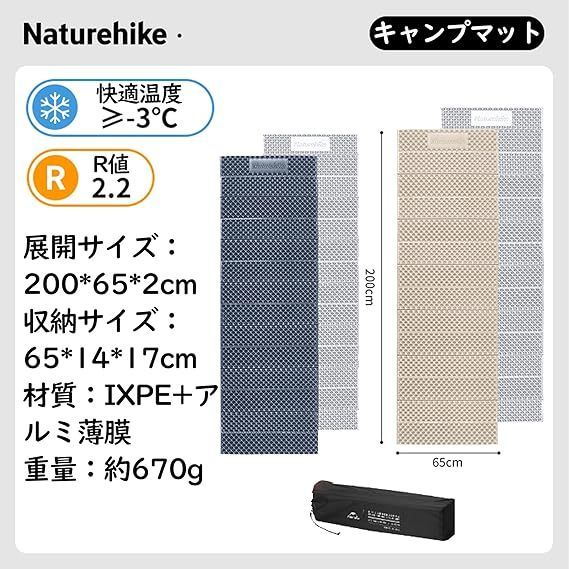 Naturehike キャンプ マット R値2.2 厚さ2cm 快適温度-3℃ 65cmの大幅