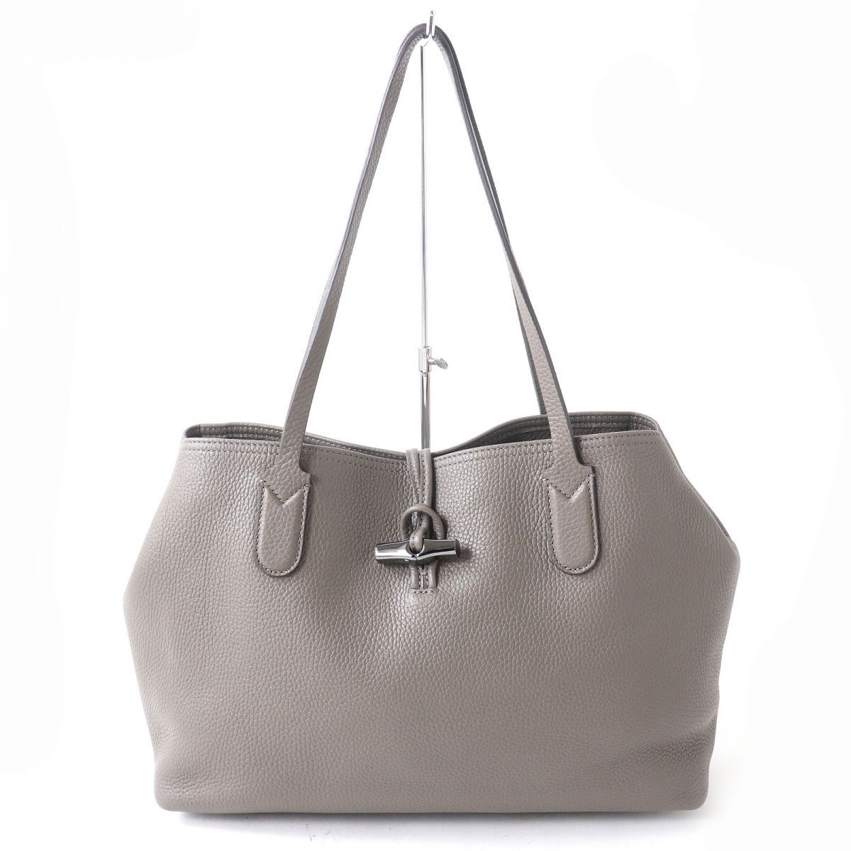 極美品△定価93,500円 LONGCHAMP ロンシャン ROSEAU ESSENTIAL ロゾ エッセンシャル レザー トートバッグ グレー  レディース 保存袋付き◎