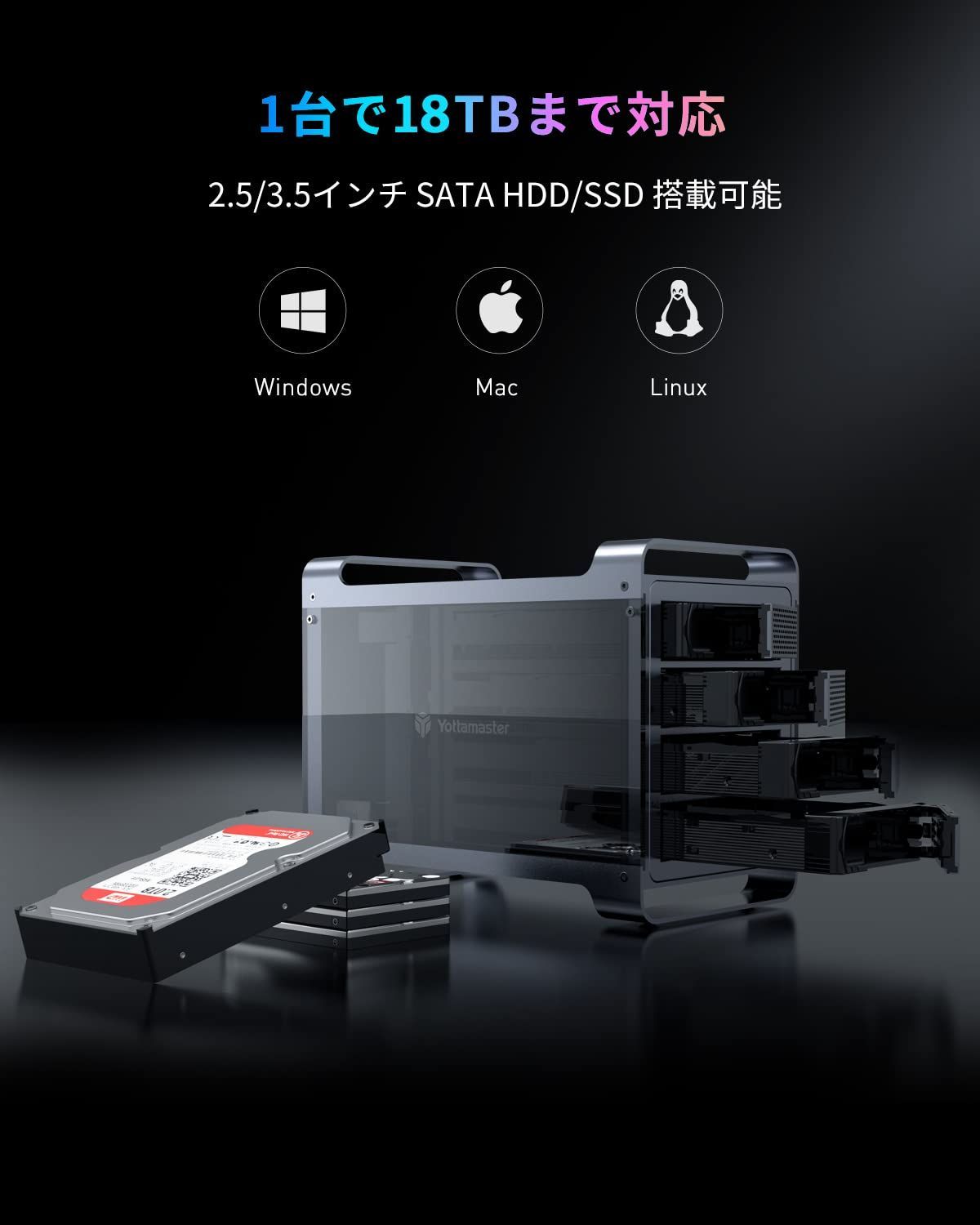4台搭載 4Bay外付けハードディスクケース ゲーミング SATA3.0対応 RGBファン搭載 ハードドライブエンクロージャ USB3.0接続 HDDケース アルミ 3.5インチ グレー DF4U3 Yottamaster