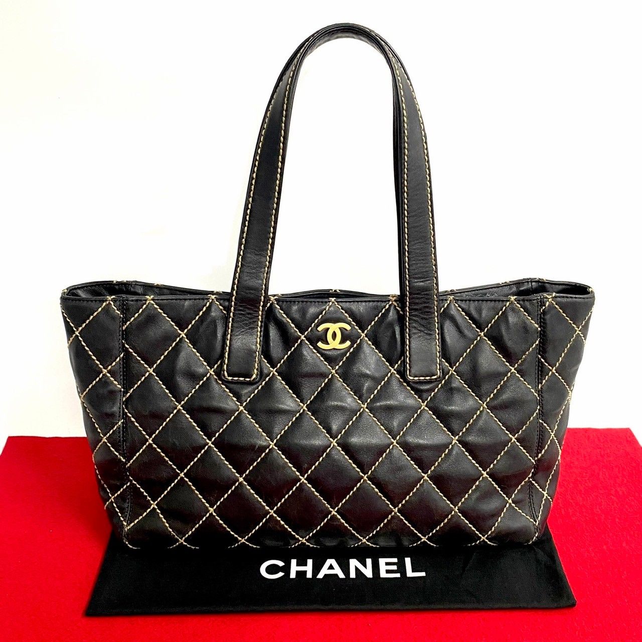 極 美品 シール有 8番台 CHANEL シャネル ワイルドステッチ ココマーク レザー 本革 トートバッグ ハンドバッグ ブラック 黒 17863