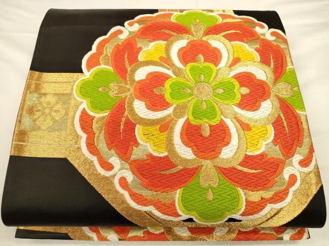 平和屋着物◎六通柄袋帯 唐織 蜀江花文 黒地 金糸 正絹 逸品 未使用  