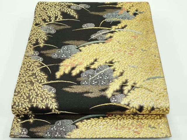 平和屋着物■極上　西陣　皇室　総理大臣献上作家　青木兄弟　六通柄袋帯　米百俵　黒地　金銀糸　逸品　未使用　CZAA3926s5 平和屋着物□極上 西陣 皇室 総理大臣献上作家 青木兄弟 六通柄袋帯 米