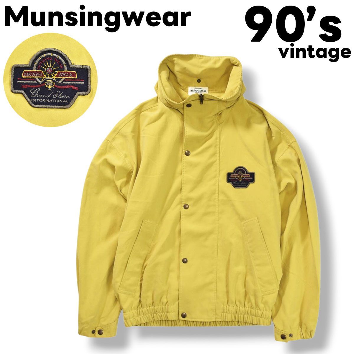 90s ヴィンテージ 日本製 マンシングウェア Munsingwear ピーチスキン フーデット ジャケット ブルゾン ジャンパー ジップアップ L マスタード ゴルフ カジュアル ウェア メンズ