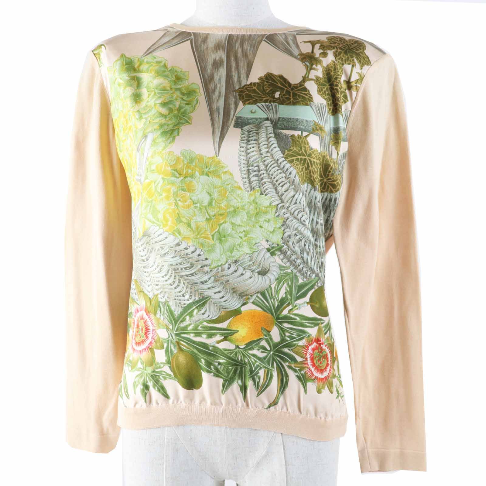 美品◎HERMES エルメス PASSIFLORES パッションフラワー シルク コットン ツイルレーヌ  ニット カットソー マルチ 38 フランス製 正規品 美品◎HERMES エルメス PASSIFLORES パッションフラワー シルク