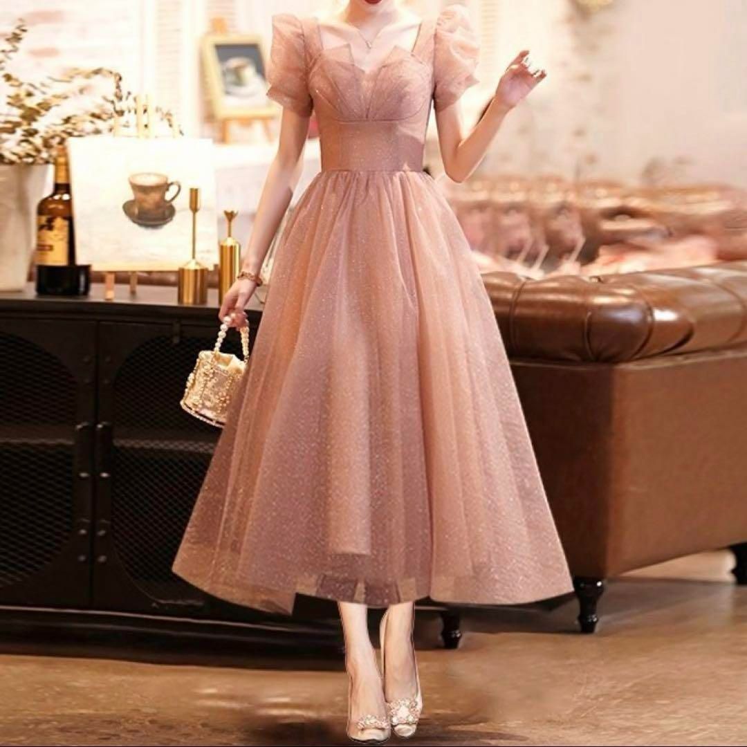 ラメ感の美しい パフスリーブ イブニングドレス?.?