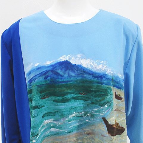 麻喜染色工芸 長袖 チュニック ブラウス 青系 ブルー プリント タグ  