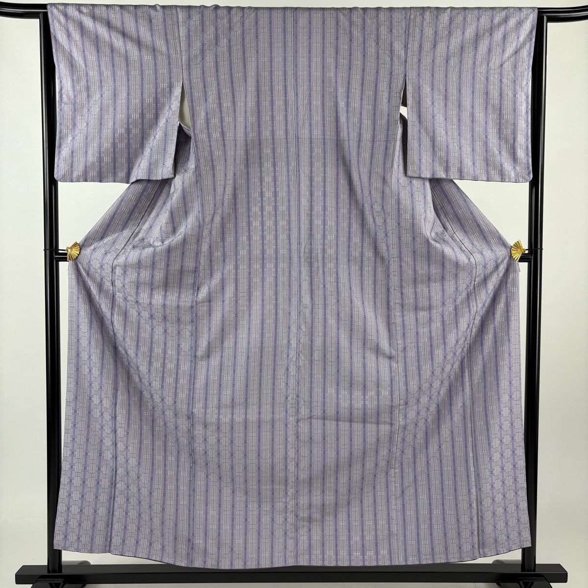 紬 身丈157cm 裄丈62cm S 袷 縞 花織 紫 正絹