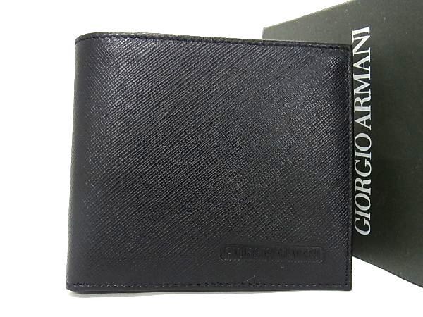 ■新品■未使用■ GIORGIO ARMANI ジョルジオアルマーニ レザー 二つ折り 財布 ウォレット ブラック系 BF3451
