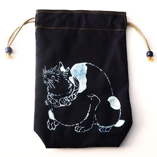 藍染め巾着　鼠よけの猫　鴨川萬祝染 鈴染【クリックポスト可】