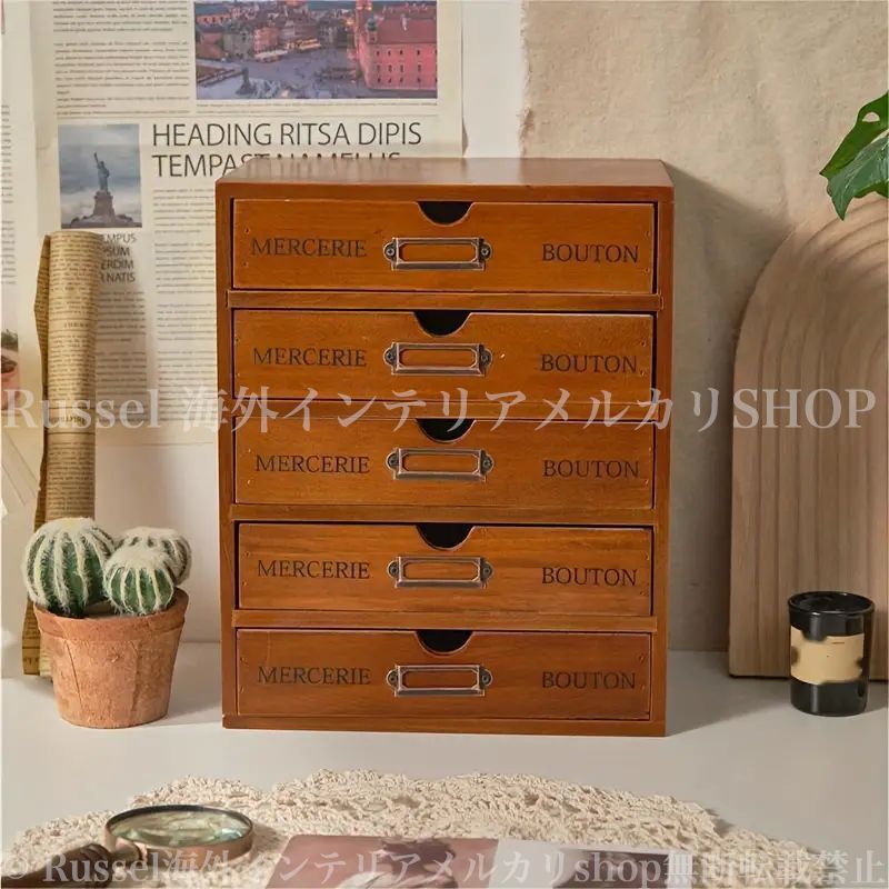 収納キャビネット ヴィンテージ おしゃれ かわいい メイクアップ収納 レトロ調 ５段 引き出し ジュエリー コンテナ 木製 小物収納 大容量 多機能 リビング 寝室 木目 ブラウン ナチュラル 4-7