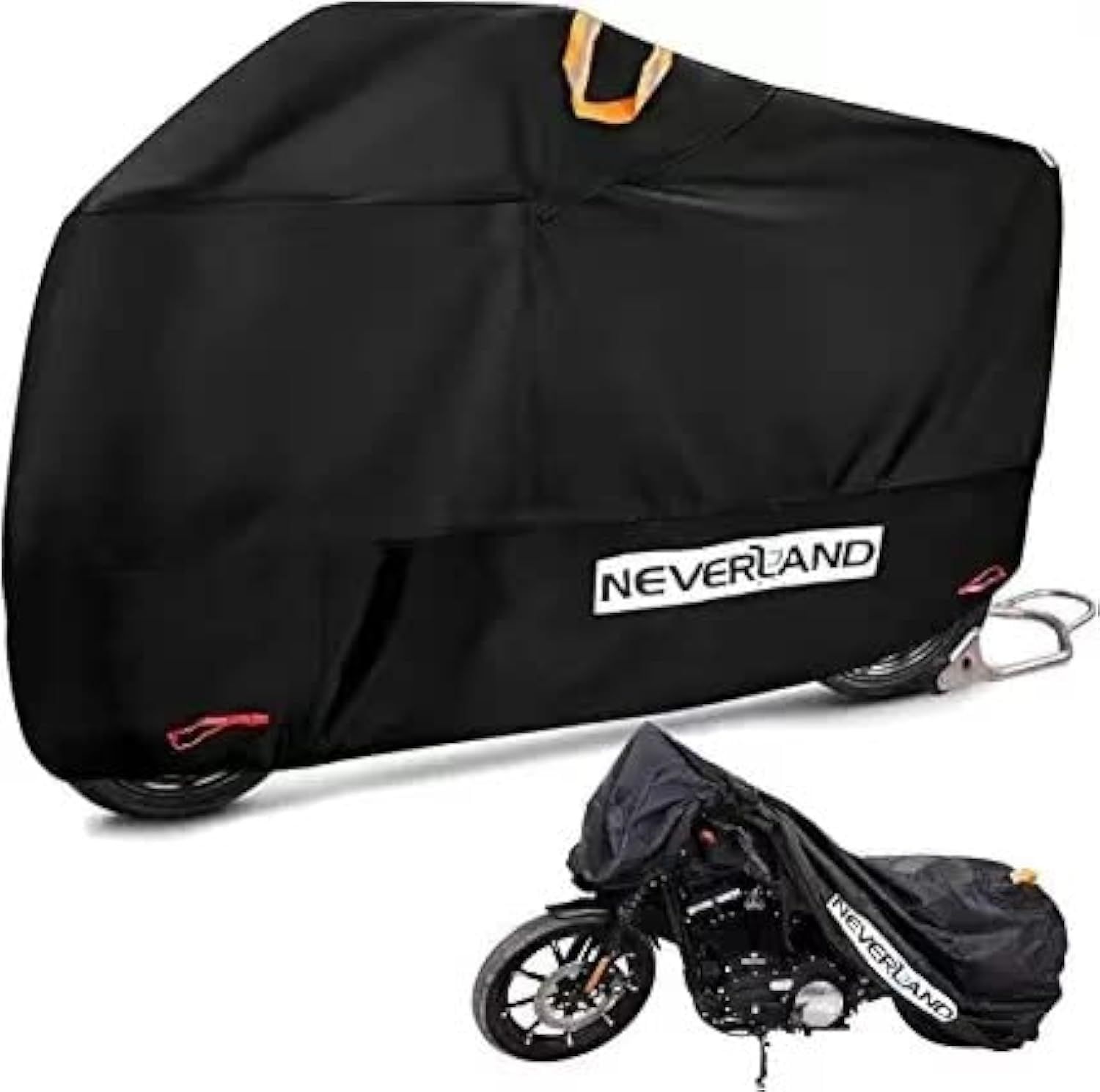 NEVERLAND オートバイカバー 高耐久 210D 防水 紫外線保護 破れ防止 オートバイカバー 安全布ロック穴デザイン 全天候型アウトドア保護 XLは96インチまで対応 オレンジ-ブラック Black-XL-96 *41 *49