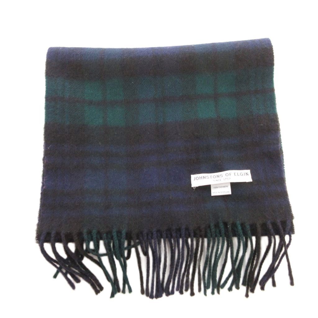 ジョンストンズオブエルガン Johnstons of Elgin スコットランドカシミヤ マフラー ストール カシミヤ100％ ブラックウォッチ 緑 グリーン 紺 ネイビー チェック柄 FF