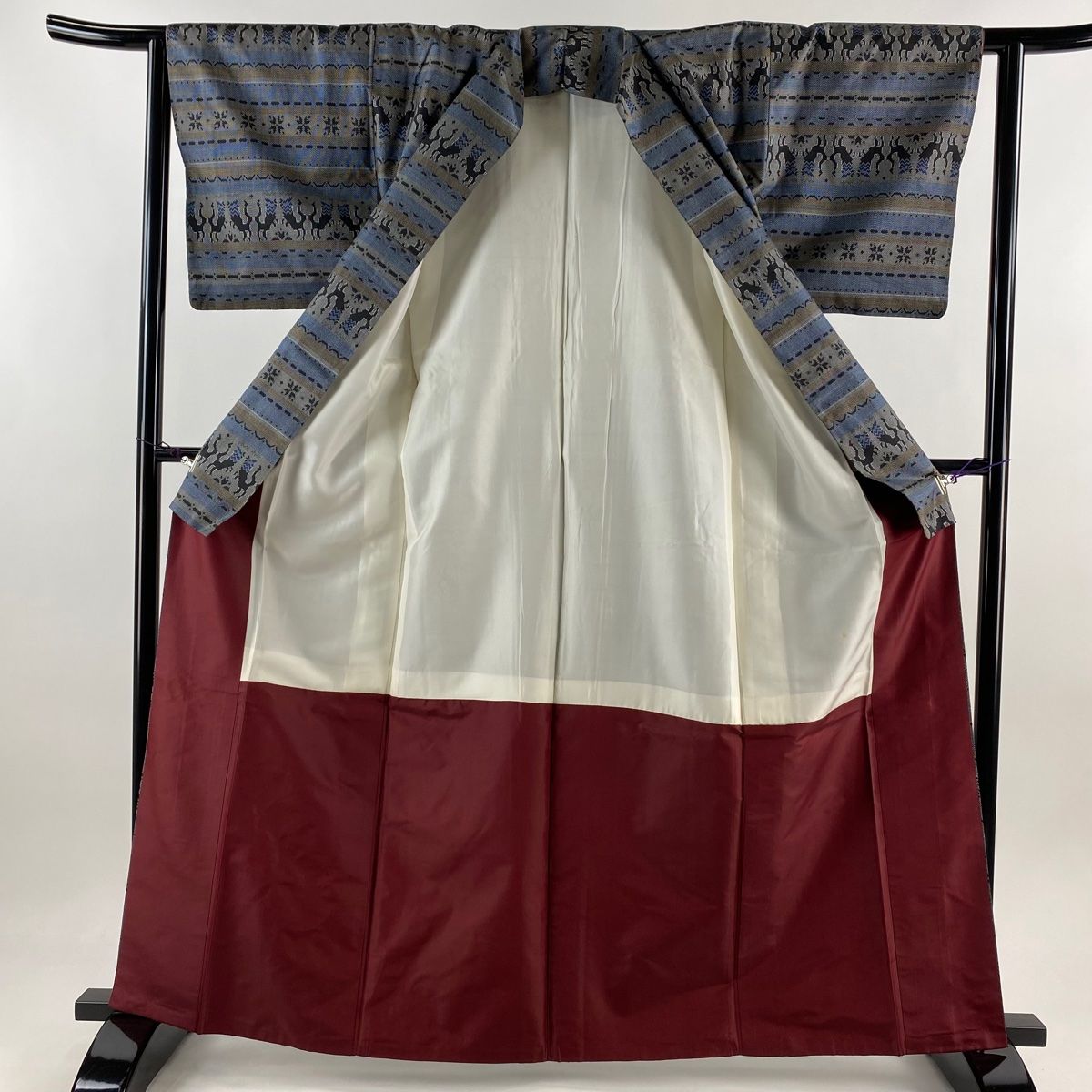 紬 身丈164.5cm 裄丈63cm S 袷 幾何学 青黒 正絹 秀品 【中古