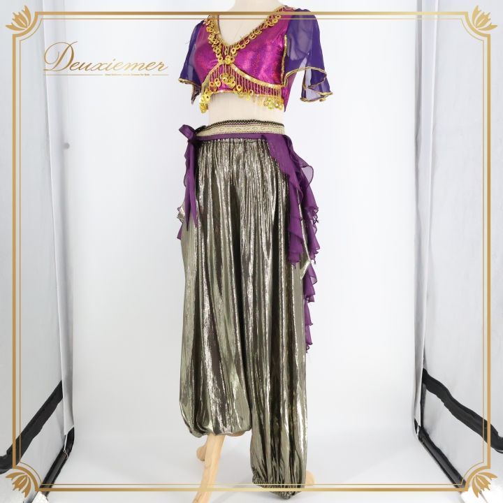ベリーダンス アラジン 衣装 上下セット レディース パープル系 紫 ゴールド スパンコールラメ 装飾 レース フリル 舞台 発表会 イベント アラビアン コスプレ 服装 セットアップ 舞台衣装 ハーレムパンツ 女性用 パーティー ダンス
