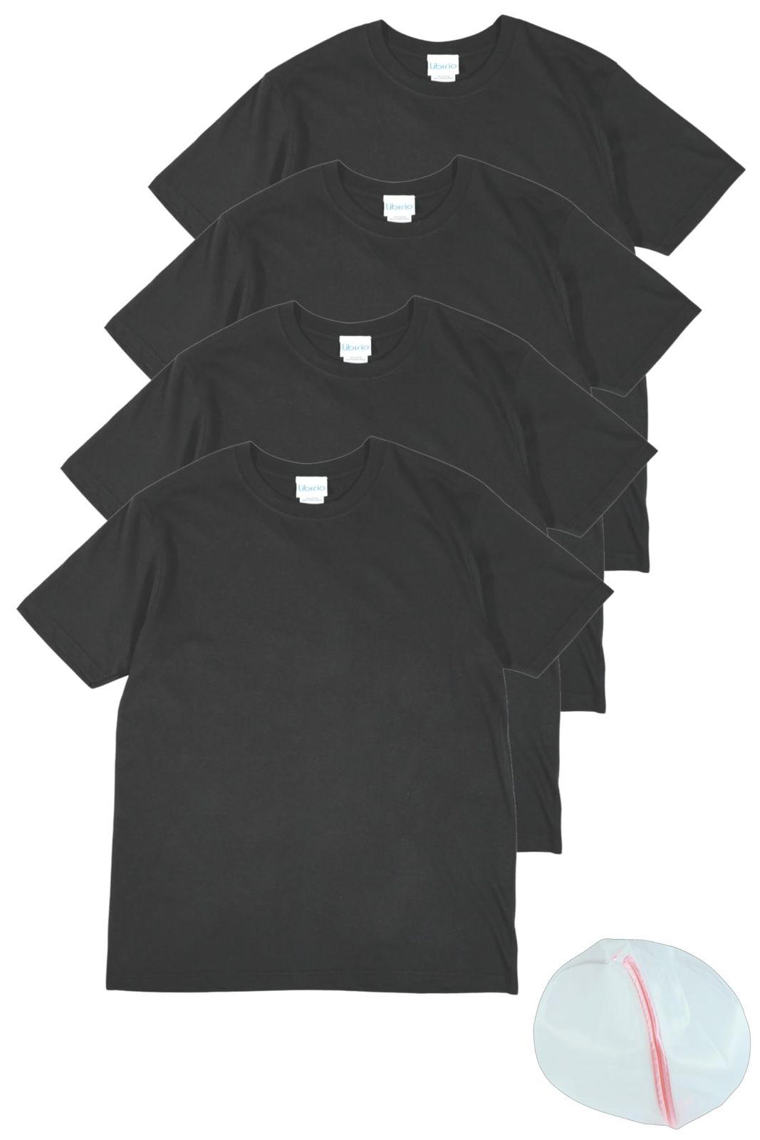 [ＬｉｂＥｒｉｏ] インナーシャツ メンズ 綿100％ 半袖 クルーネック 無地 速乾 吸汗 tシャツ やわらか肌着 4枚組 白 黒 グレー 洗濯ネット付き (Ｍ，ブラック) [ブラック] [M]
