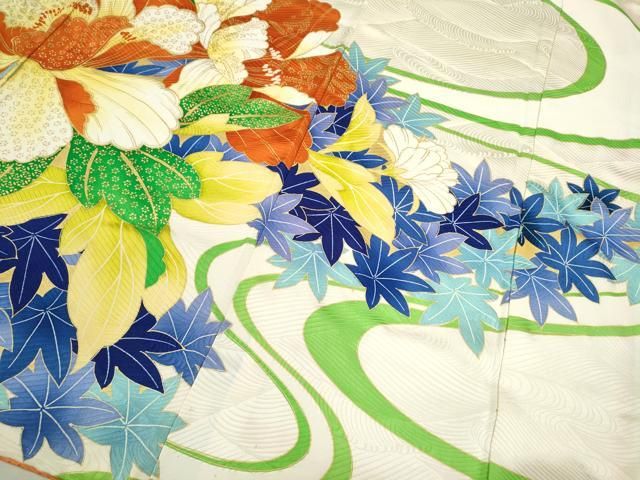 振袖フルセット豪華振袖　駒刺繍　扇面流水草花文　金彩　正絹 平和屋着物▽豪華振袖 駒刺繍 流水草花文 金彩 やまと謹製 正絹