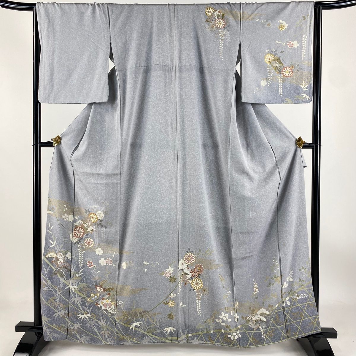 訪問着 身丈163cm 裄丈64.5cm M 袷 冊子 松竹梅 金彩 ぼかし 灰色 正絹 秀品