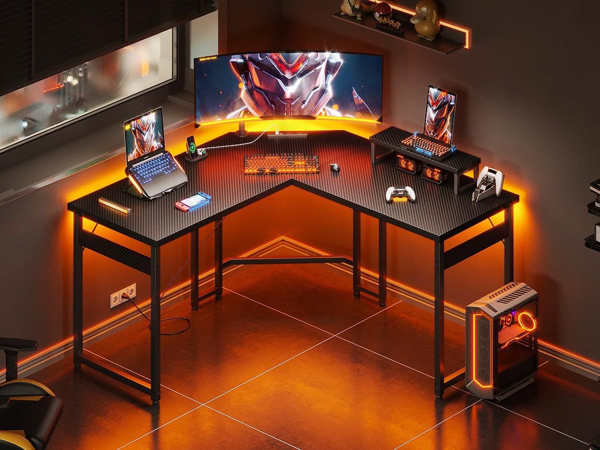 幅128 128 コンセント付き 机 pcデスク モニター台付き デスク オフィスデスク ゲーミングデスク 組立簡単 L字型 勉強机 パソコンデスク 在宅勤務 l字デスク 学習机 AODK カーボンブラック