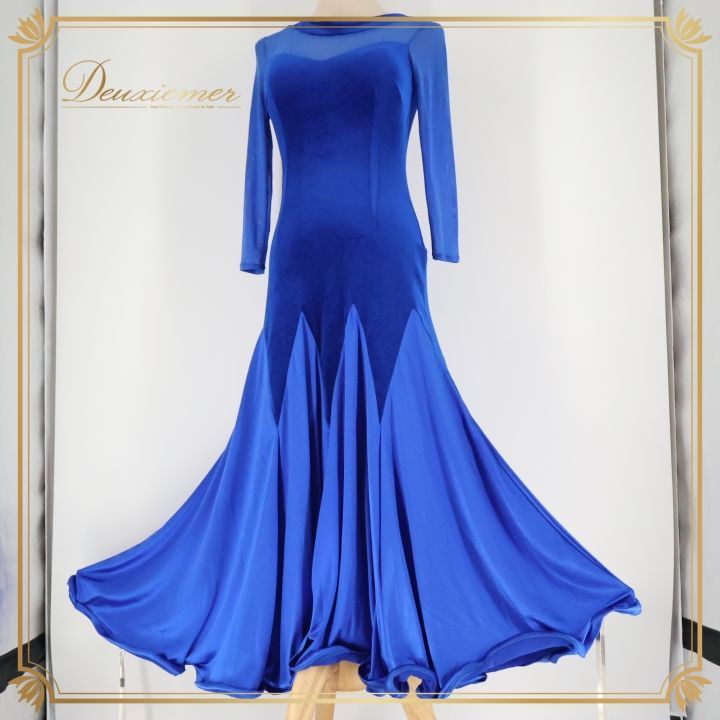 社交ダンス 衣装 ジャンティ gentil スタンダードドレス パーティ ドレス ワンピース ベロア 青 濃い ブルー系 長袖 レース 無地 感 ダンス 発表会 衣装 ドレス 発表会用 おしゃれ フォーマル 大人用 レディース Sサイズ