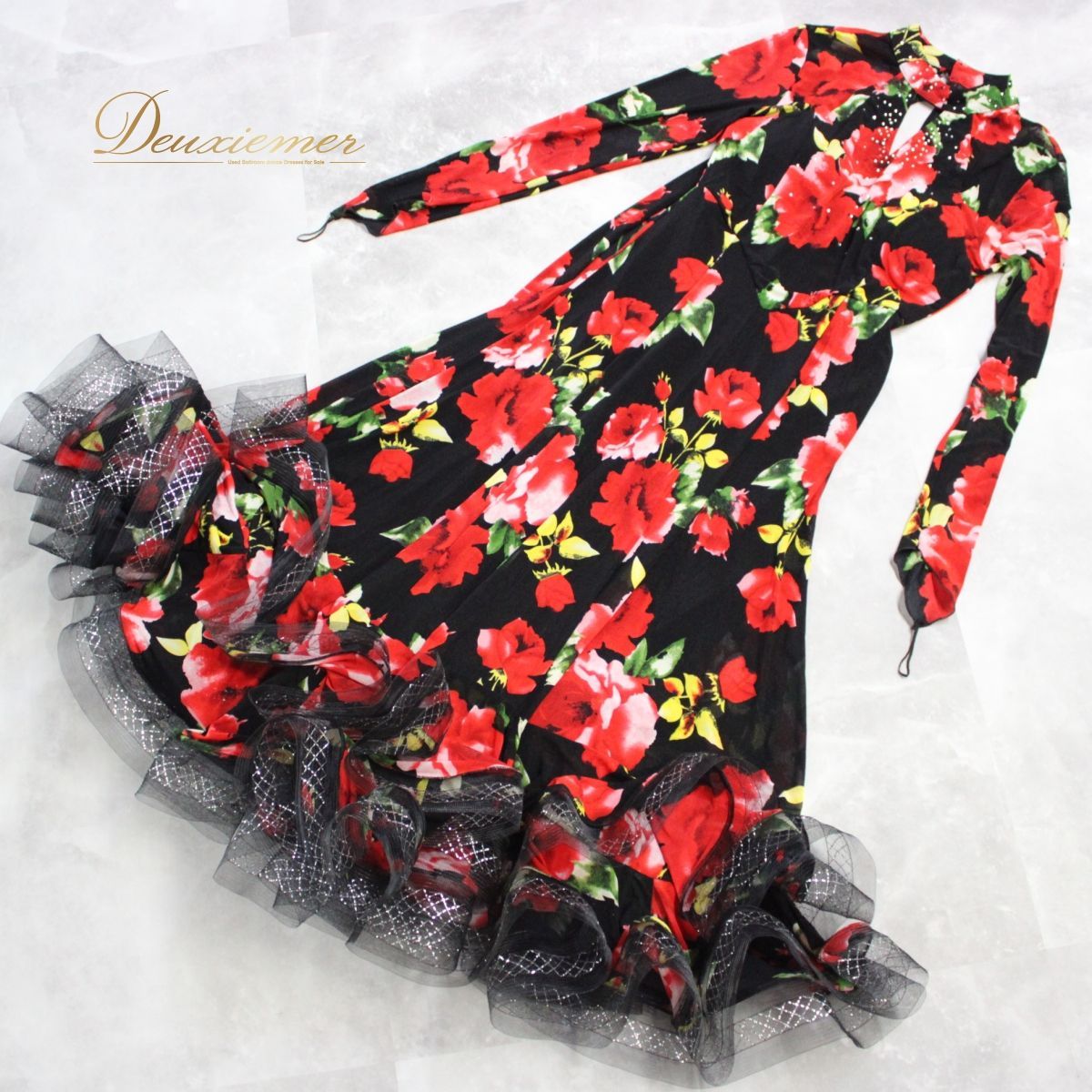 【美品 日本製 社交ダンス衣装】ブラック ワンピース ドレス 黒 ピンク 花柄 社交ダンス 衣装 スタンダード スタンダードドレス セキネ