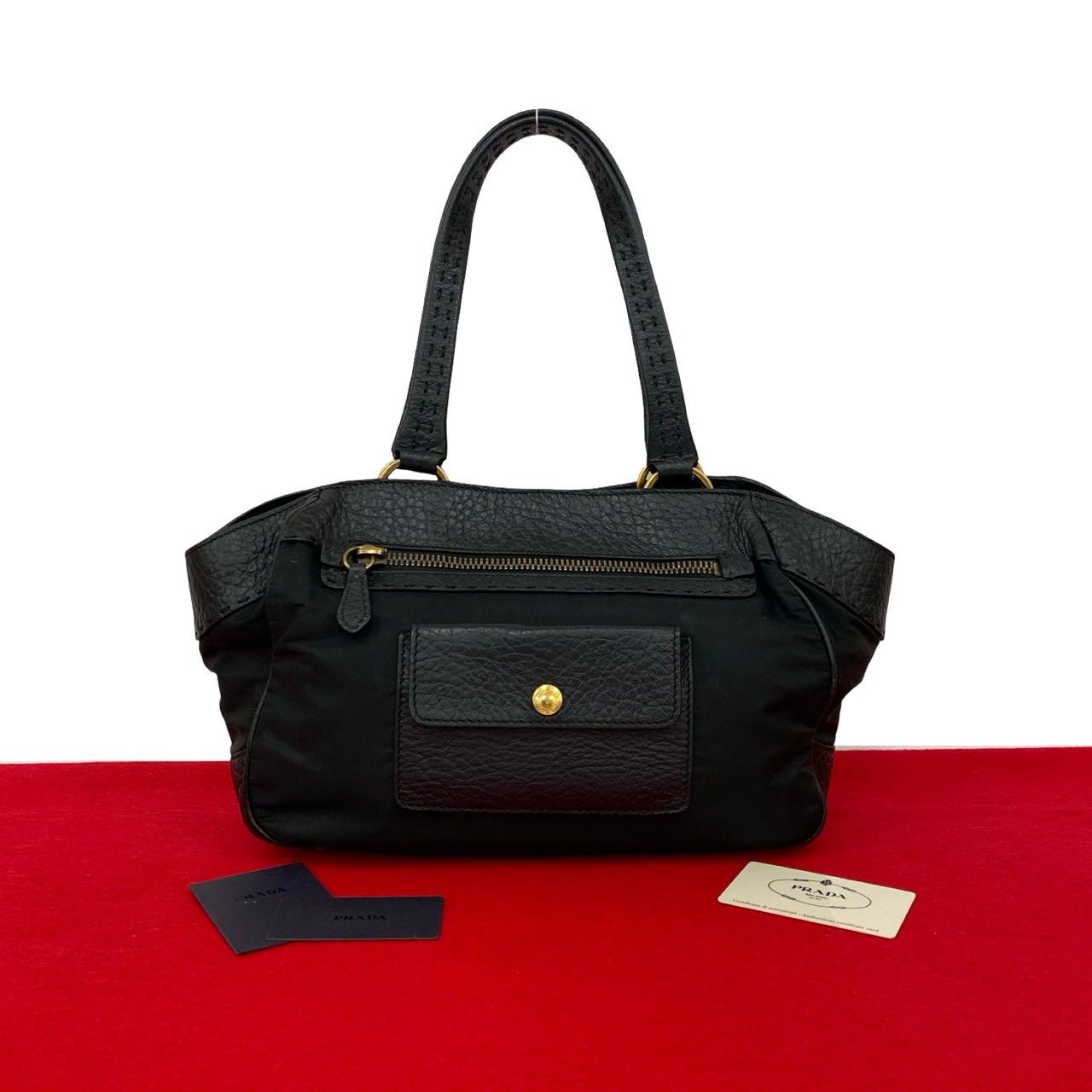 美品 極美品 プラダ ナイロン レザー 本革 トートバッグ ハンドバッグ 