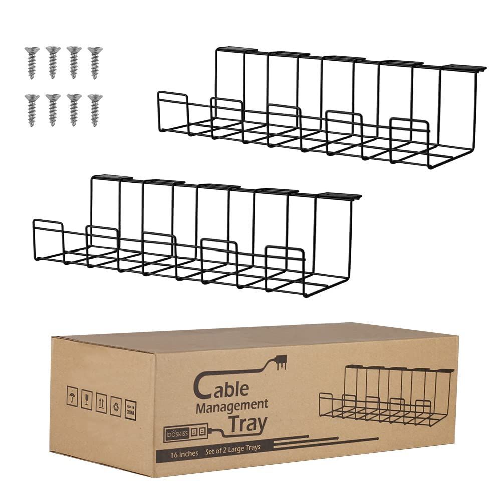 【新着商品】1セット2個 電源タップ・コード収納 配線整理 ワイヤーケーブルトレー オーガナイザー デスク下 家庭用・職場用 Baskiss (ブラック)
