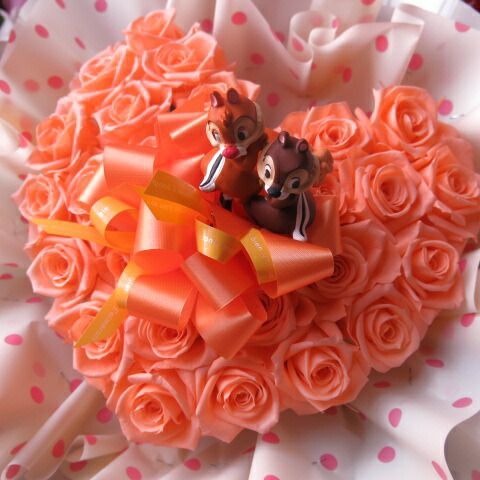 チップ&デール入り 花 ハート フラワーギフト ハート プリザーブドフラワー オレンジ