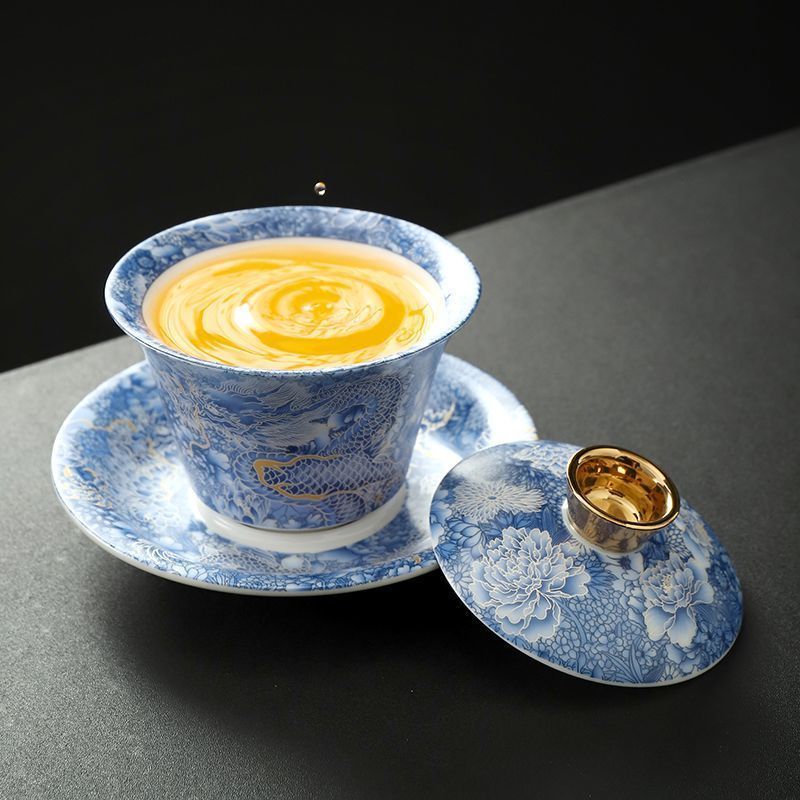 未使用品 青花古竜高足三才蓋碗 　湯呑 茶器 蓋付き茶器 飲茶食器 青花龍紋 三才蓋碗 蓋付き茶碗 高級陶器製 功夫茶器 家庭用