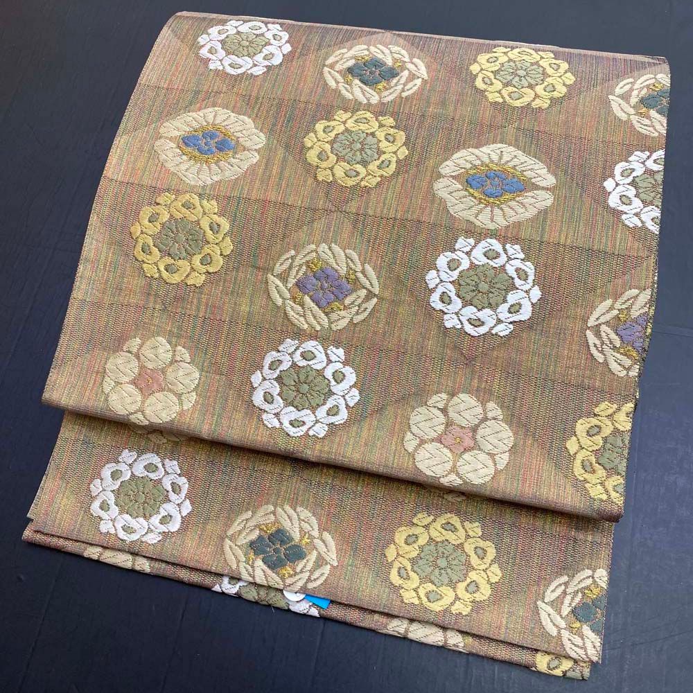 袋帯 洒落帯 刺繍 花柄 ラメ入り 総刺繍 中古 リサイクル 全体柄  