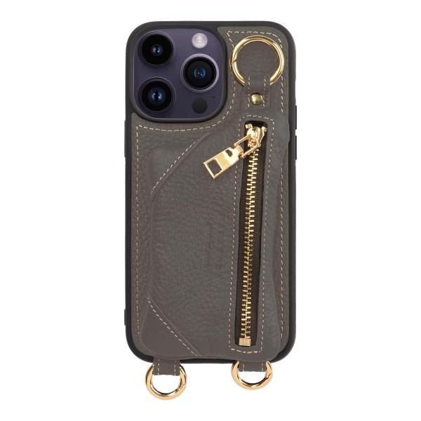 【人気SALE，お買い得】 iPhone 14ProMax ケース ショルダー ファスナー カバー カード 収納 グレージュ 14ProMax iPhoneケース・カバー